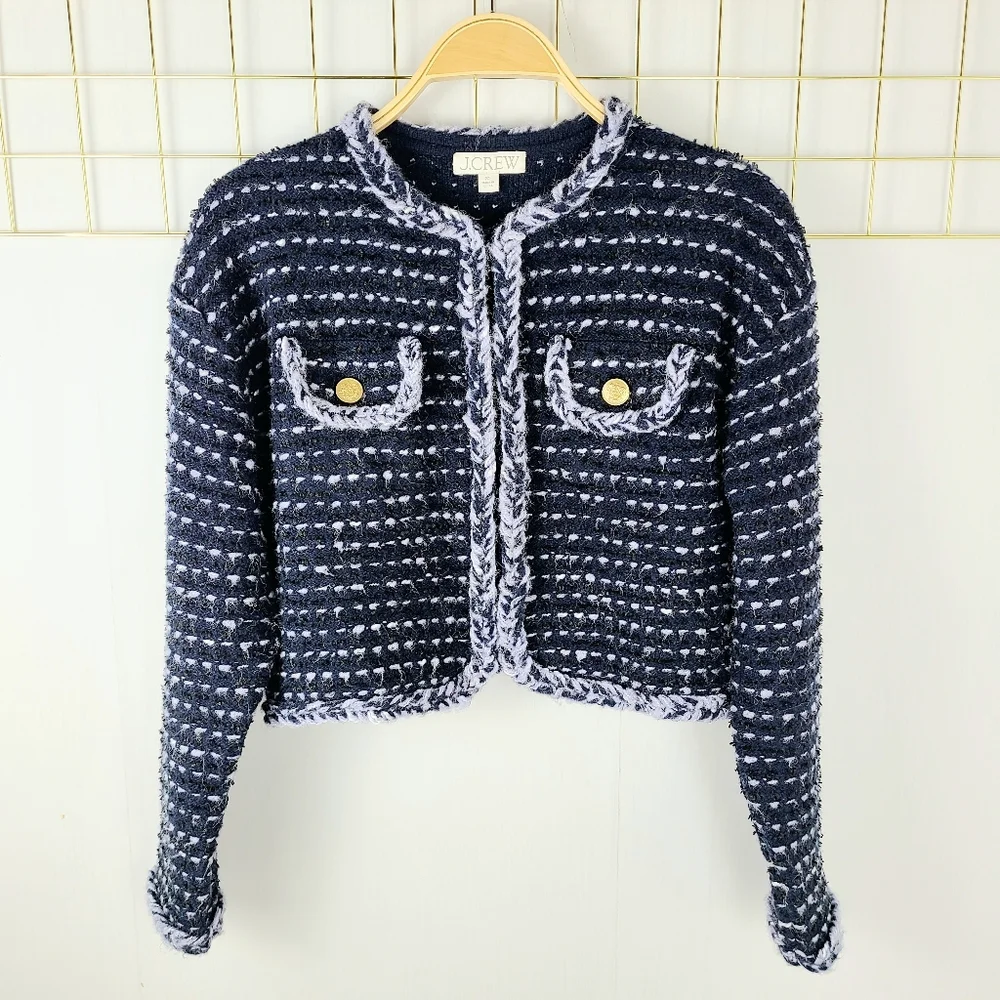 J. Crew Cropped Marled Yarn Navy Blue Merino Wool Alpaca Lady Jacket Blazer - Picture 2 of 13